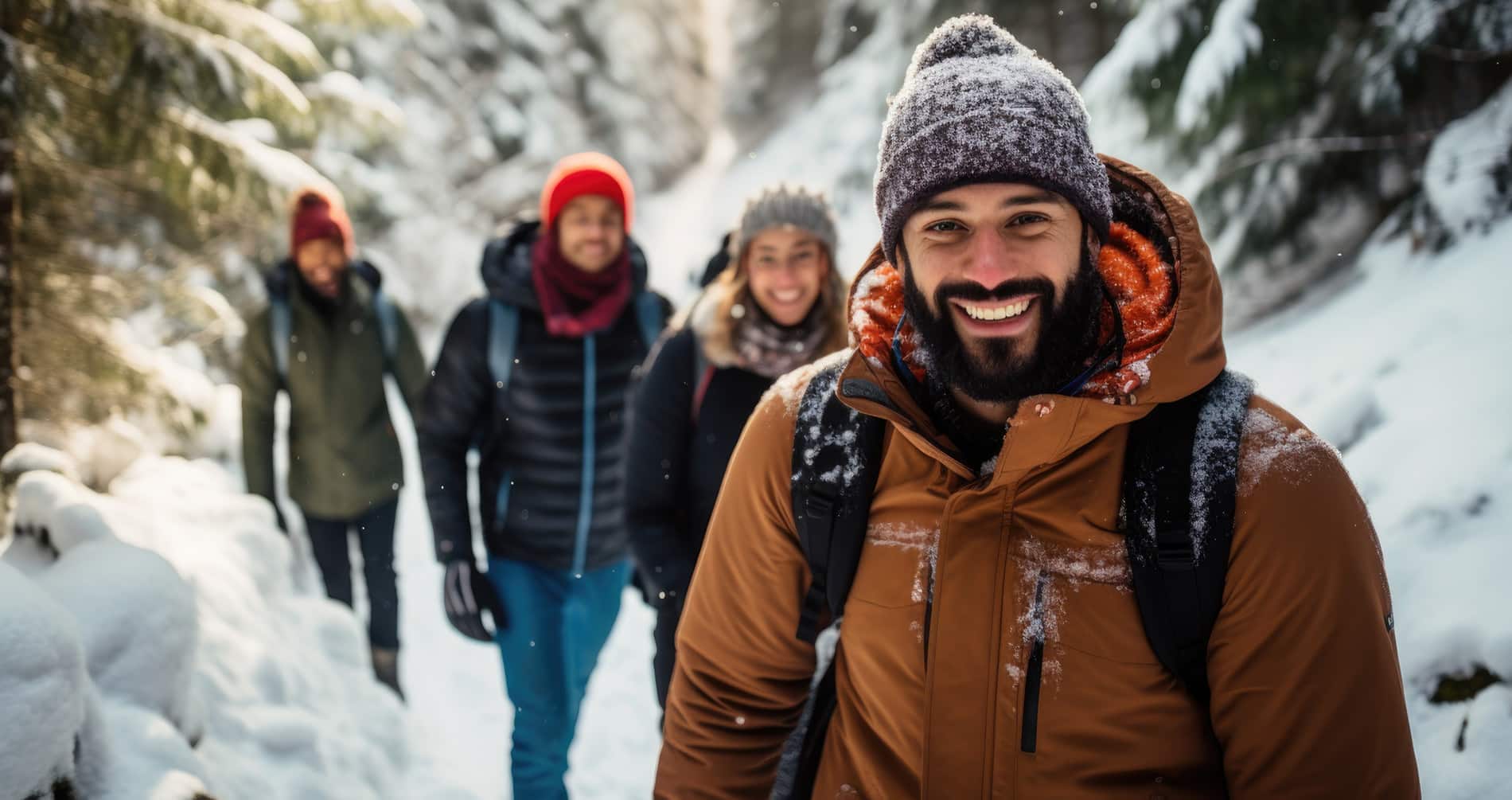 Tour Guide and Group of friends hiking through snowy forest trail in Glacier National Park. Snowshoeing, Glacier National Park tours. Careers with Tour Glacier
