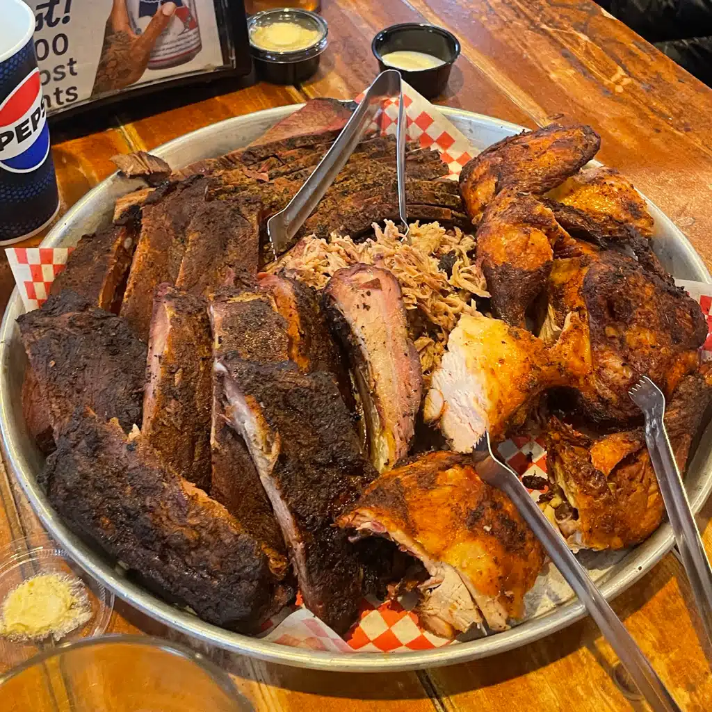 Smoked meat platter of heaven: brisket, chicken, pulled pork, ribs @ Piggyback BBQ