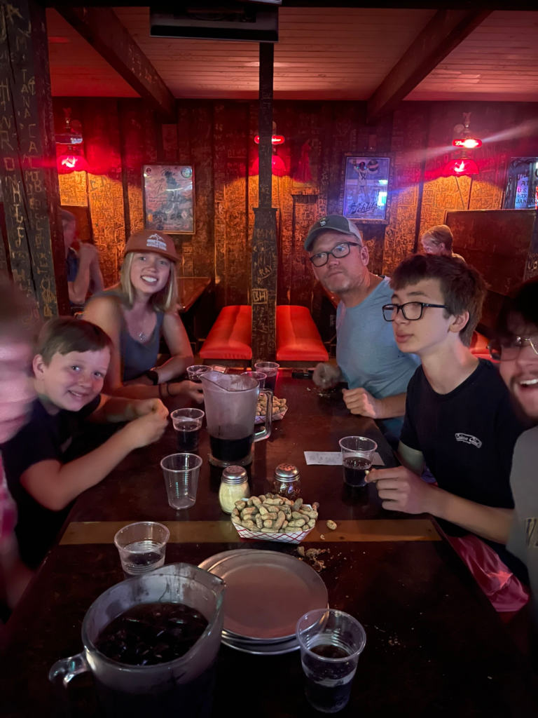 Flake Family enjoying pizza at Moose's Saloon and Pizza in Kalispell, MT