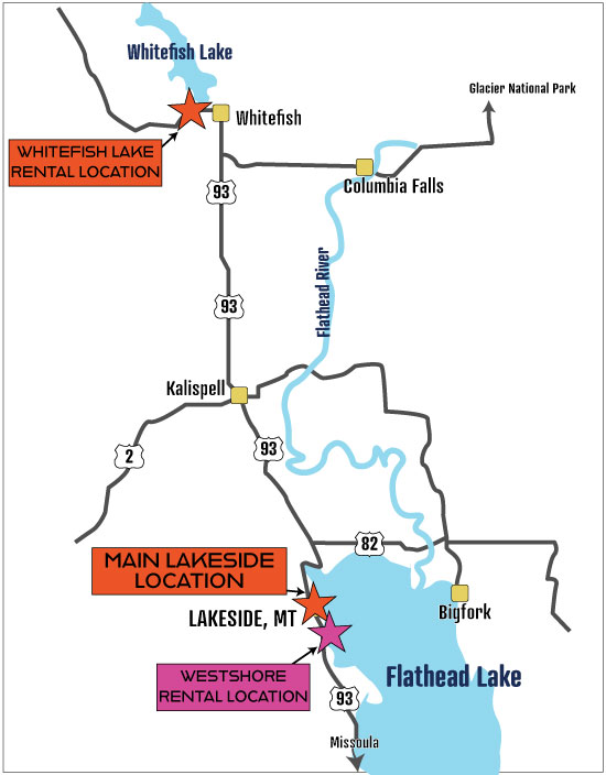 Locations for Tour Glacier on Flathead Lake and Whitefish lake for SUP and kayak rentals