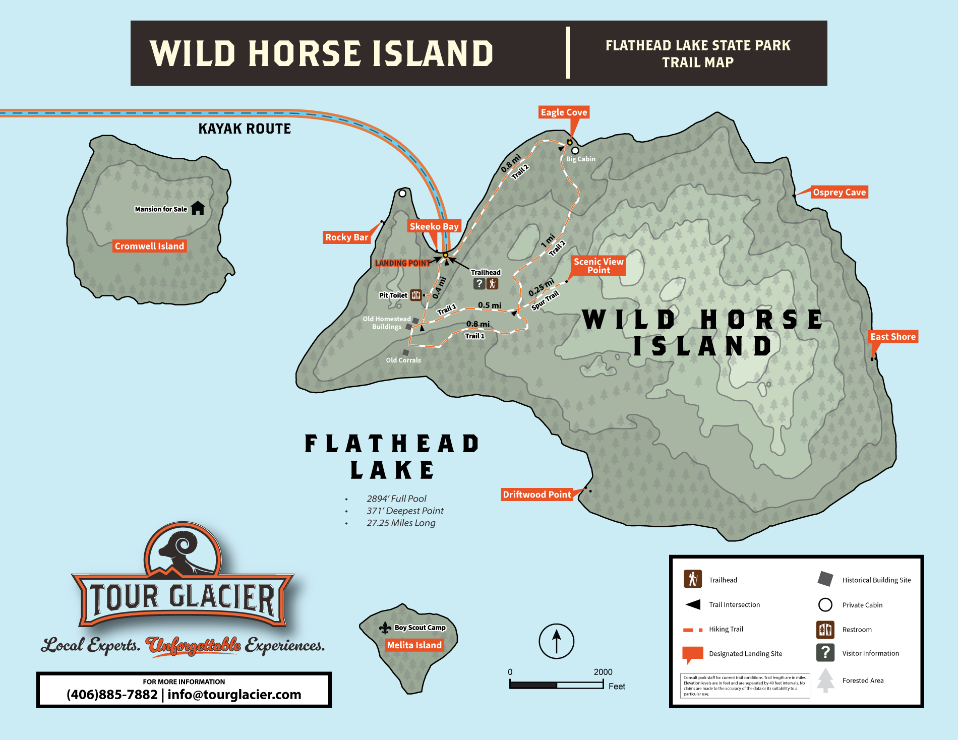 Map of Wild Horse Island on Flathead Lake showing kayak routes and hiking trails